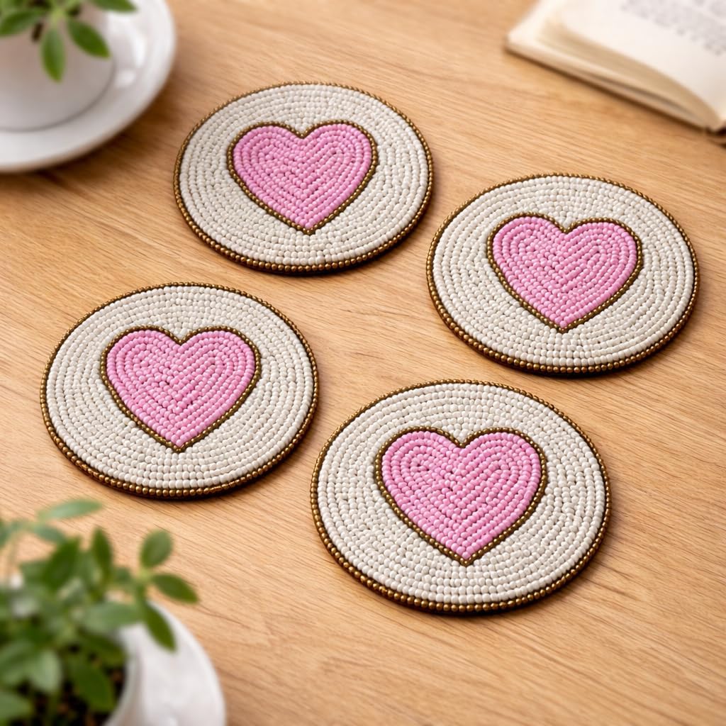 Coasters Set of 4,Handmade Beaded Bar Drink Tabletop Protection Coasters - Halloween Harvest Autumn Fall Thanksgiving Holiday Christmas Xmas Celebration Festive Party 4" Round - Pink Multi