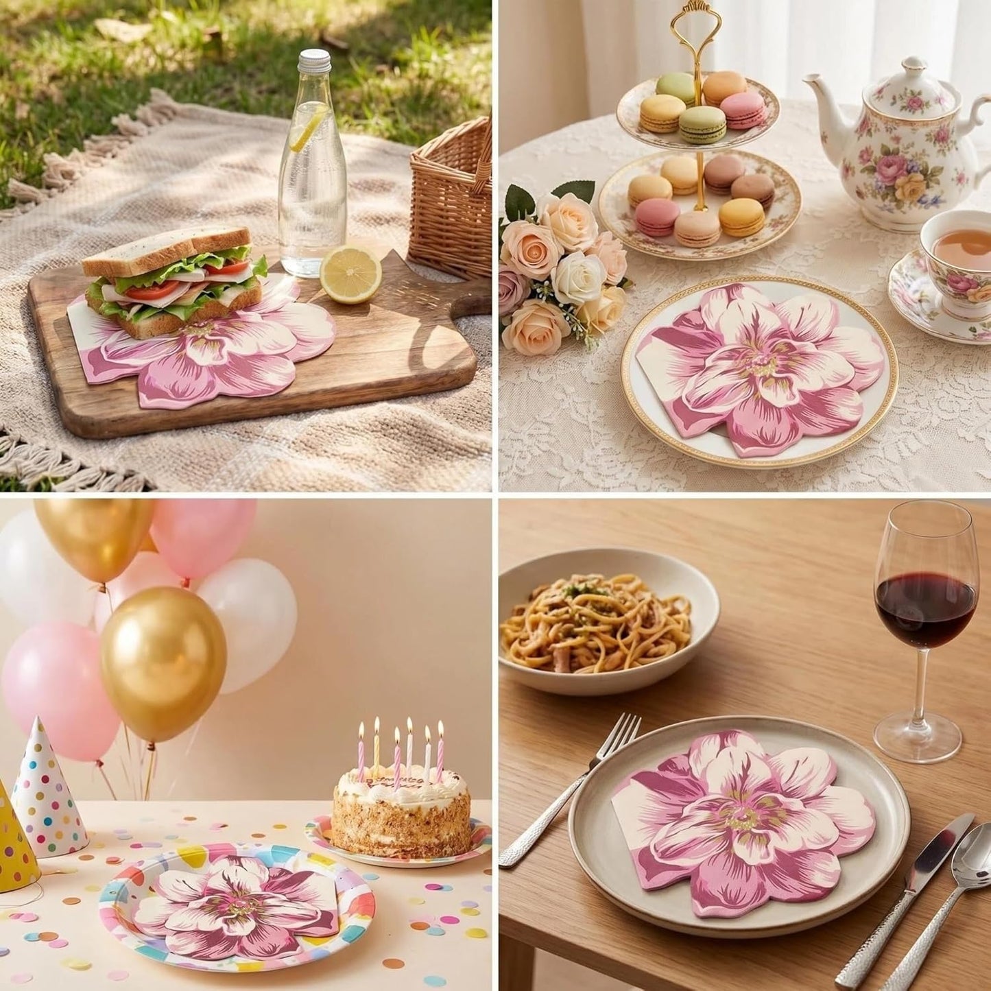 Unique Irregular Shape Printed Flower Paper Napkins Cute Cocktail Napkins 32x33cm/2-Ply/20-Count (Pink)