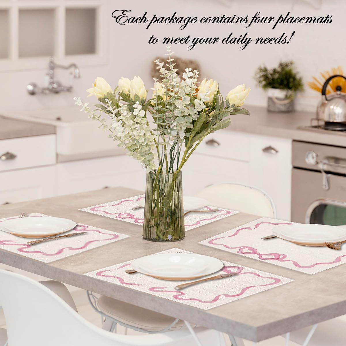 Pink Bow Linen Placemats Set of 4, Wedding Waterproof Washable Heat Resistant Place Mats 12x18 Inch, Table Mat for Restaurant Outdoor Indoor Home Kitchen Party Dining Decoration-10