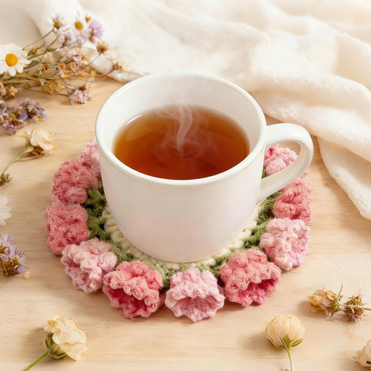 Pink Flower Crochet Coasters, Handmade Bouquet Blanket Coaster with Crochet Plant Pot Fun Soft Decorative Drink Coasters for Coffee Tabletop Protection and Home Decor
