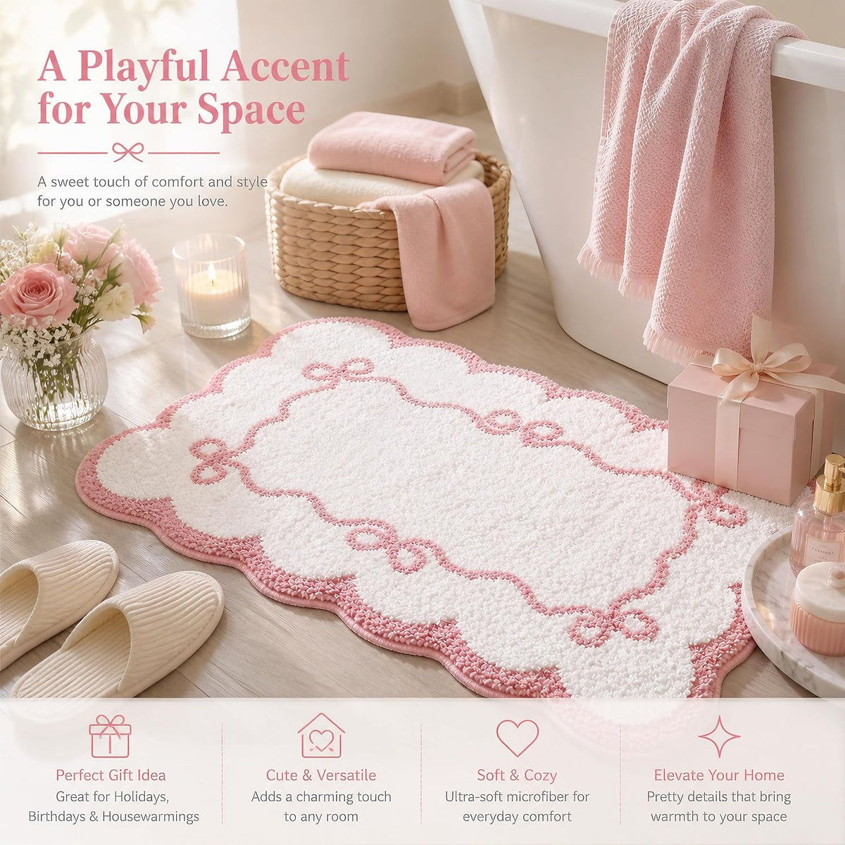 Pink Scalloped Bow Bathroom Rug - 20x32 Inch Cute Coquette & Preppy Bath Mat for Apartment, Vanity & Dorm, Soft Plush Microfiber Mat, Non-Slip & Washable