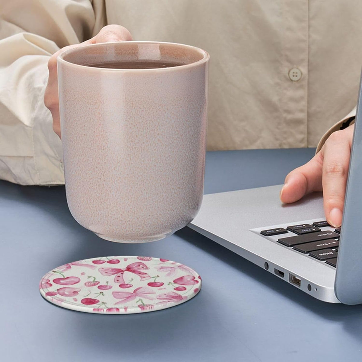 6 Pcs Pink Bows Cherries Leather Coasters for Drinks with Holder Round Mug Mat Table Desk Coasters Set Cup Coasters for Living Room Kitchen Coffee Decor