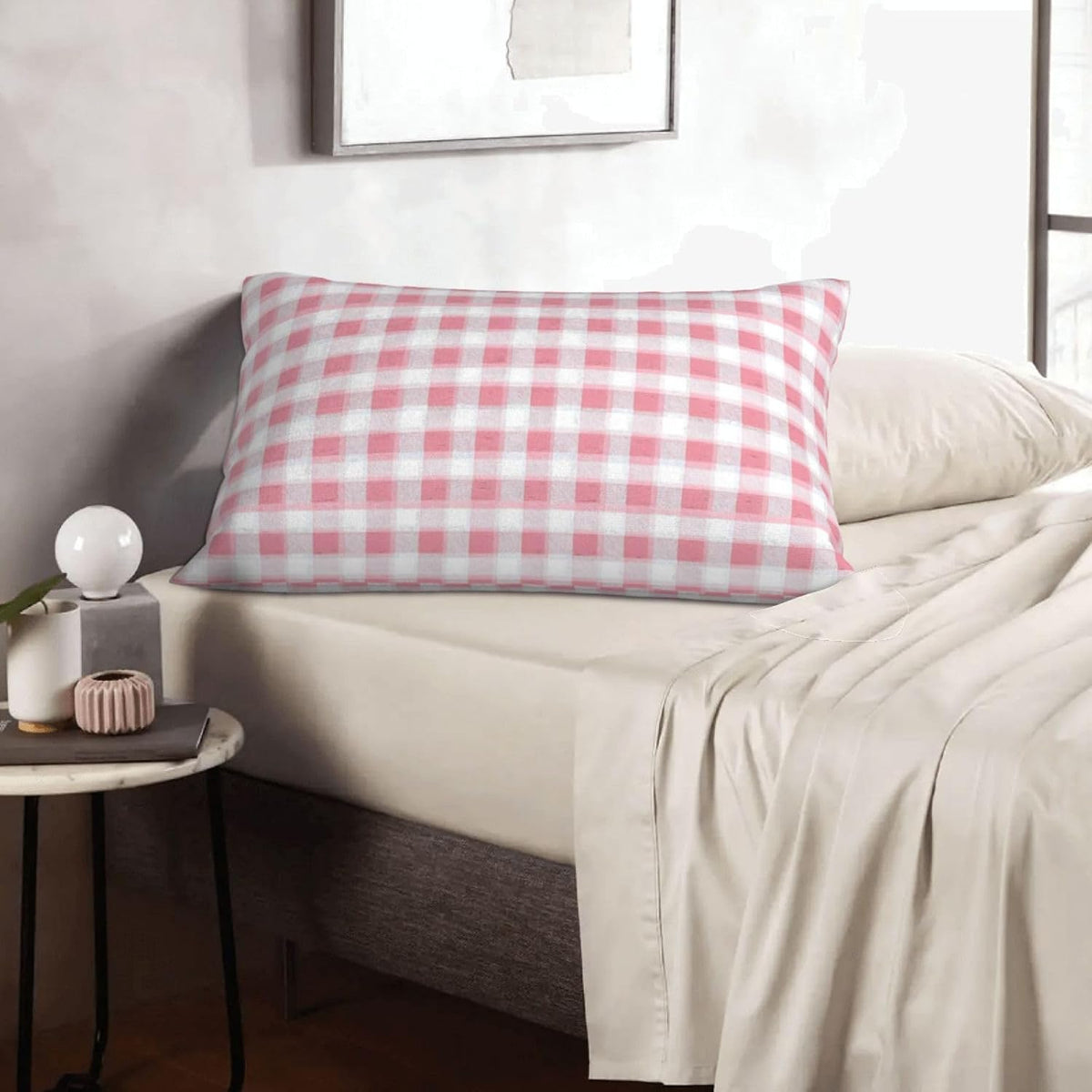 Pastel Pink Gingham (1) Print Plush Pillow Cover with Zipper, Decorative Cushion Cover for Bedroom Living Room (Insert Not Included)