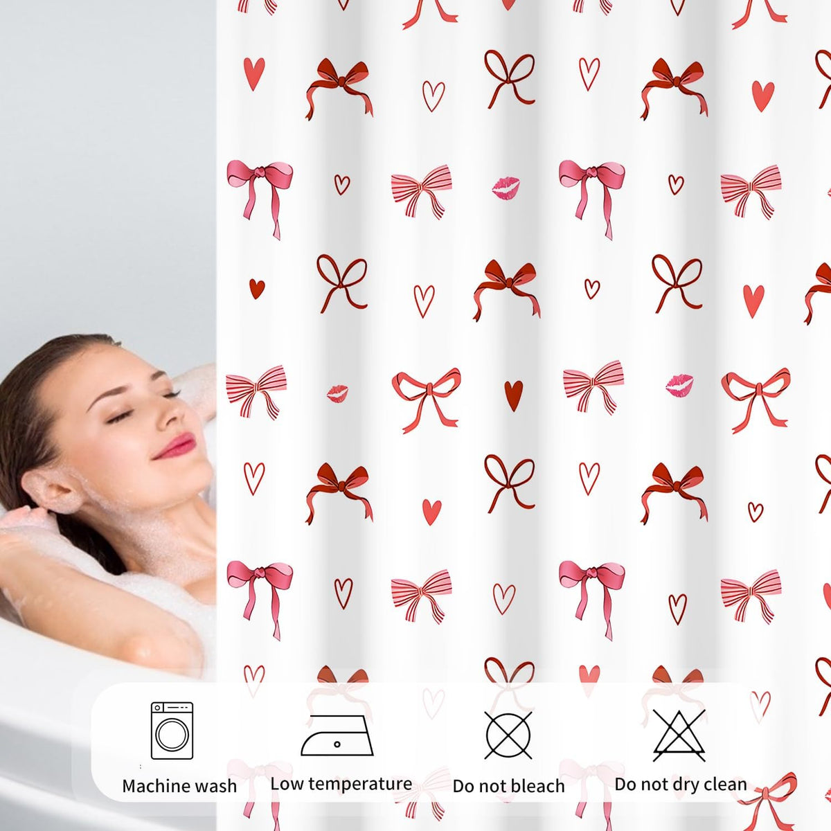 Pink Bow Shower Curtain Valentines Day Cute Bow Love Hearts Girly Bathroom Curtain for Women Princess Style Romantic Bathtub Decor, Waterproof with Hooks, 72x72 Inch
