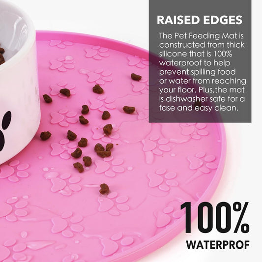 Silicone Pet Food Mat - Waterproof Dog Food Bowl Mat Cat Feeding Mat Thicker Pet Placemat Eating Mat with High Lip to Prevent Spills, Dog & Cat Water Bowl Mat for Messy Drinkers to Protect Floors,Pink