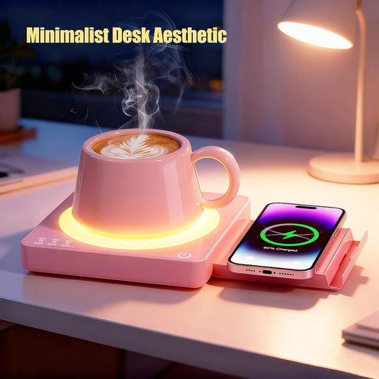 Coffee Mug Warmer for Desk with 15W Wireless Charging Pad, Electric Cup Warmer 3 Temp Settings, Smart Candle Heat Plate, Home Office & Coffee Lover Gifts for Women, Mom, Her - Pink