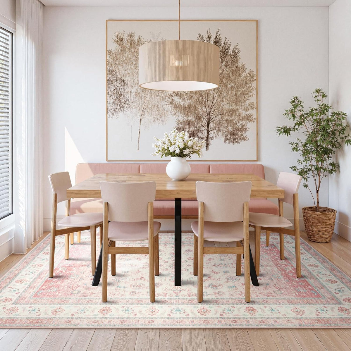 Pink Area Rug for Living Room, 8x10 Soft Washable Boho Floral Area Rugs, Non Slip Stain Resistant Large Rug for Nursery, Bedroom, Dining Room, Farmhouse