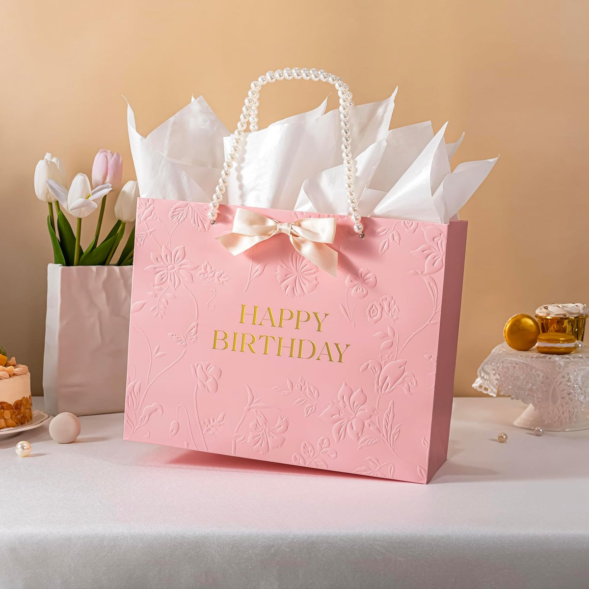 Pink Birthday Bags for Women with Pearl Handles, Tissue Paper and Card, Embossed Floral Design Happy Birthday Gift Bag for Women, Her, Female Friends,Coworkers