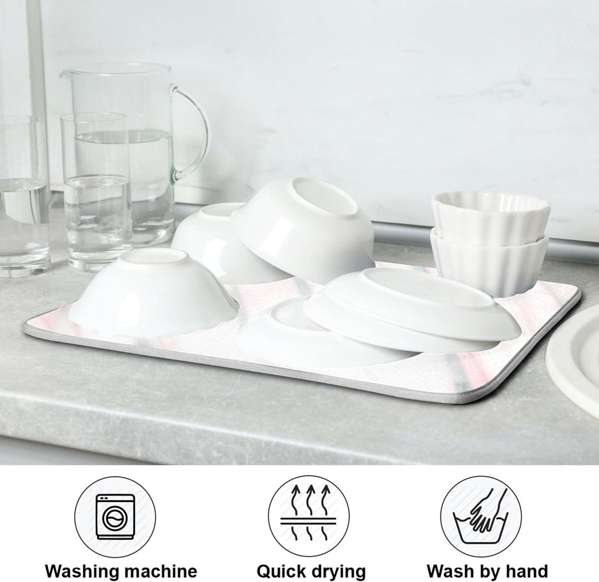 Absorbent Dish Drying Mats Floral Hanging Loop Mat Drying Pads Aesthetic White Light Pink for Kitchen Counter Mat, 16" x 18"