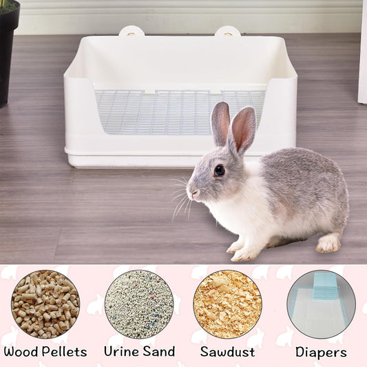 Extra Large Bunny Litter Box for Cage, Plastic Rabbit Litter Pan with Metal Grate Small Animal Toilet Corner Pet Potty Tray for Adult Guinea Pigs Ferrets Chinchillas (Pink)