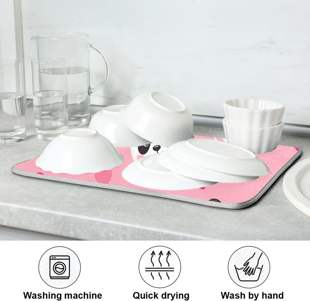 Absorbent Dish Drying Mats Flower Quick-dry Funny Print Countertop Heat Protector Mat for Kitchen Counter Decor Cute Panda Pink, 18" x 24"