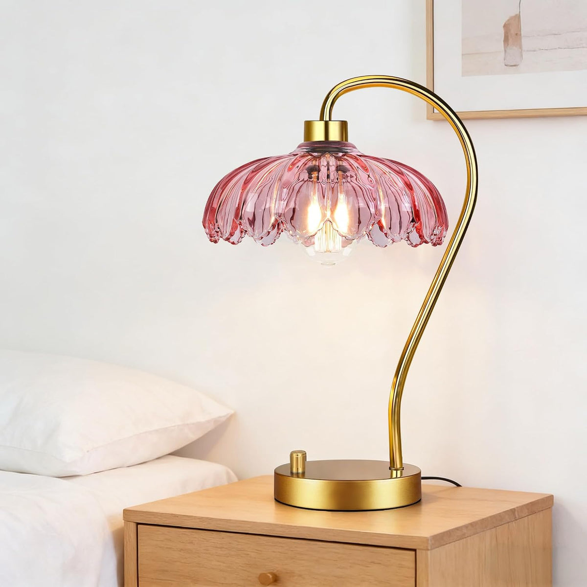 ILLMTW Flower Table Lamp for Bedroom Living Room,Pink Small Bedside Lamps Dimmable Boho Gold Bedroom Lamp with Glass Lamp Shade,Vintage Mid Century Modern Mini Nightstand Lamp
