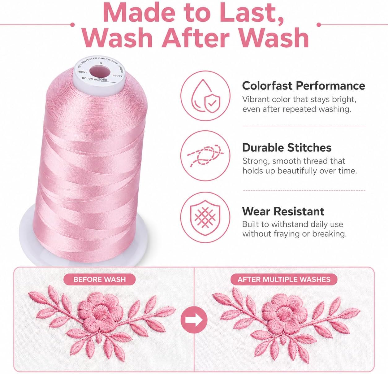 5500Yds/5000M 40WT Polyester Embroidery Thread Peachy Pink S088 | High-yardage 5000M spool offers smooth feeding and stable 40WT polyester thread for home and commercial embroidery machines.