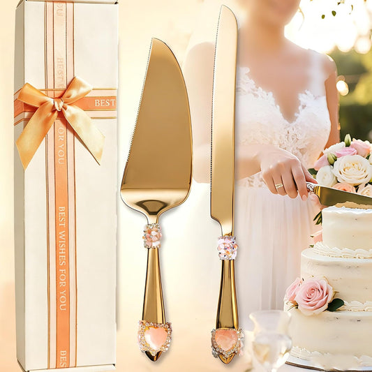 Gold Wedding Cake Knife & Server Set, Pink Crystal Heart Handle