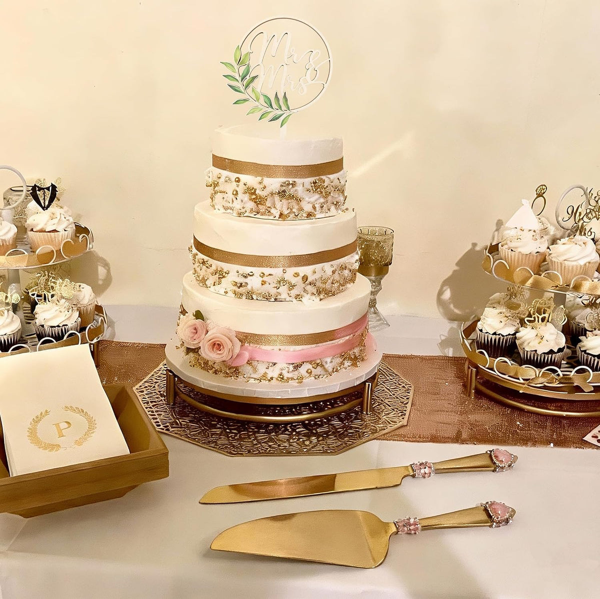 Gold Wedding Cake Knife & Server Set, Pink Crystal Heart Handle
