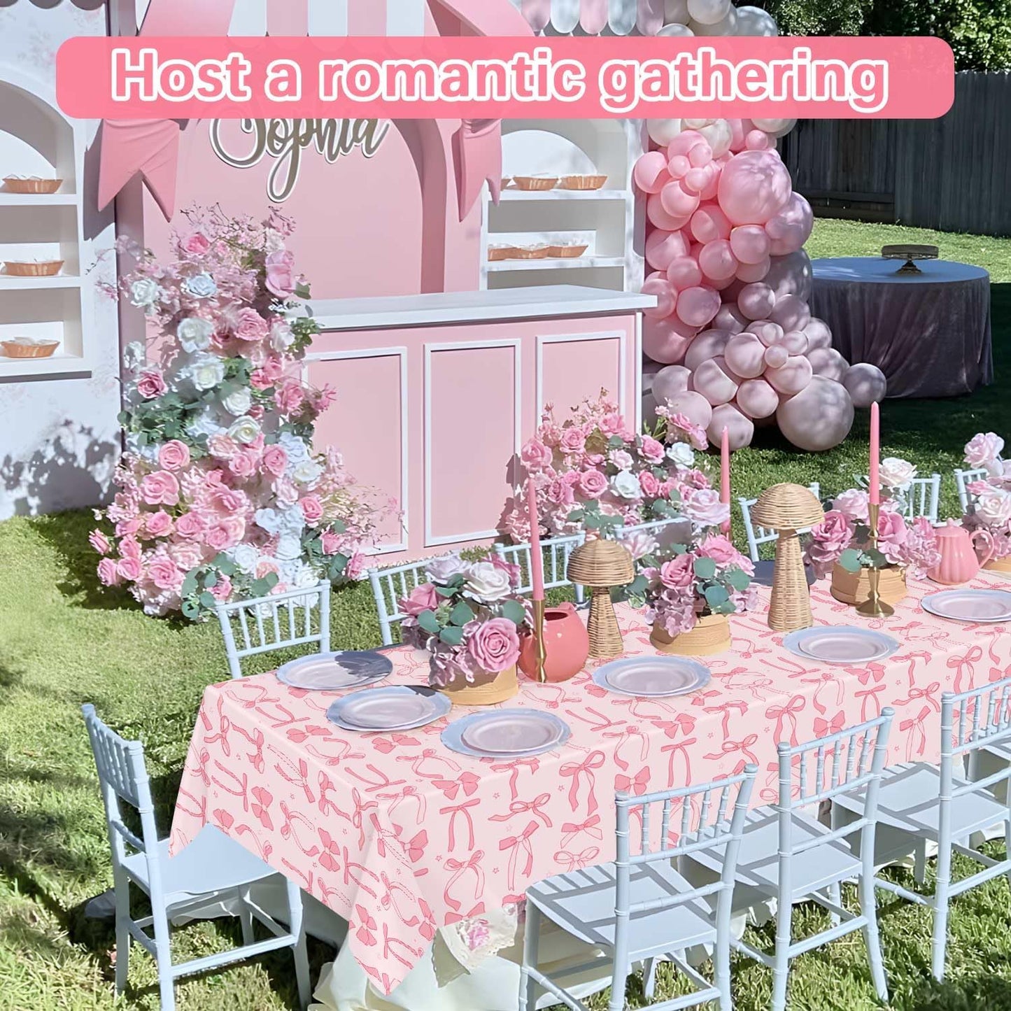 3Pcs Coquette Birthday Decorations Tablecloths, Pink Bow Birthday Decorations Large Size Rectangle Girls Table Cloths 54 x 108 Inch