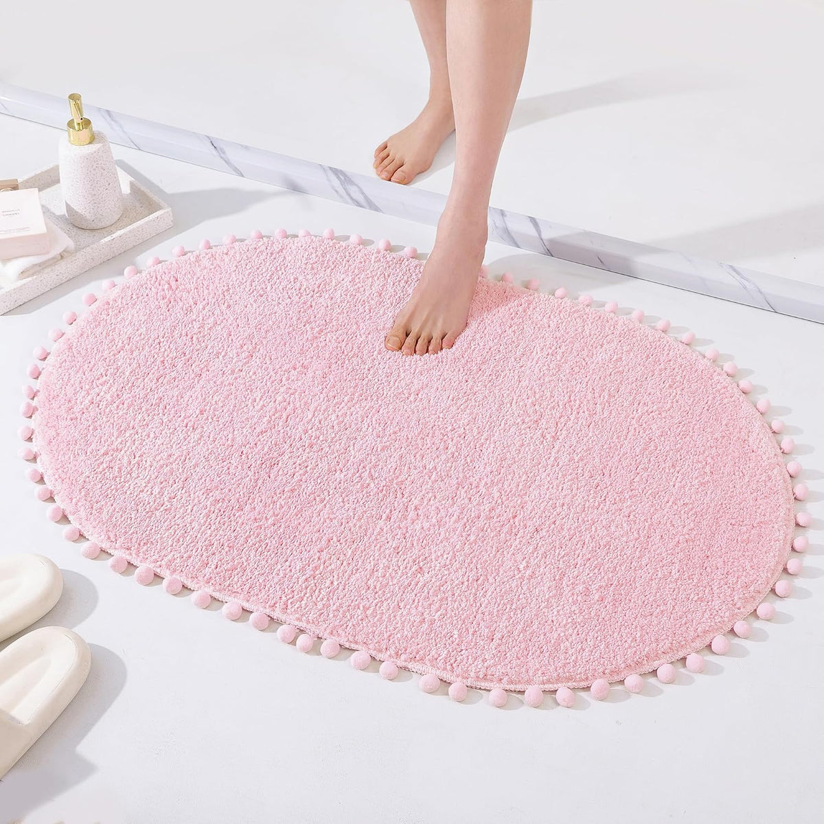 Oval Rug for Bathroom, Cute Boho Bath Mat with Pom, Pink, 36"x24"
