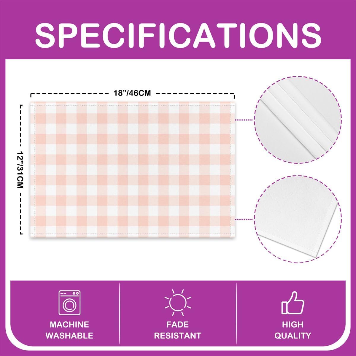 Checkered Table Placemats Set of 4,Farmhouse Checkered Geometric Theme Place Mats 12x18 Inch for Kitchen Table,Cute Plaid Art Design Placemats Set,Light Pink Washable Mats Suitable for Restaurant