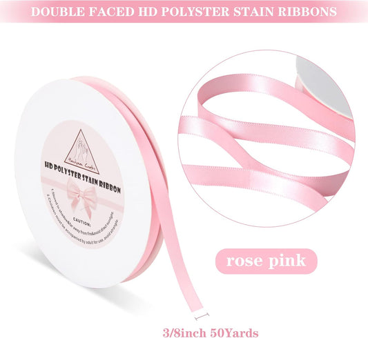 Pink Satin Ribbon for Gift Warping,3/8inch 50 Yards Solid Polyester Fabric Ribbons for Flower Boquests,Wedding Decorations,Flowers,Balloons,Holidays,Christmas,Bow Makings