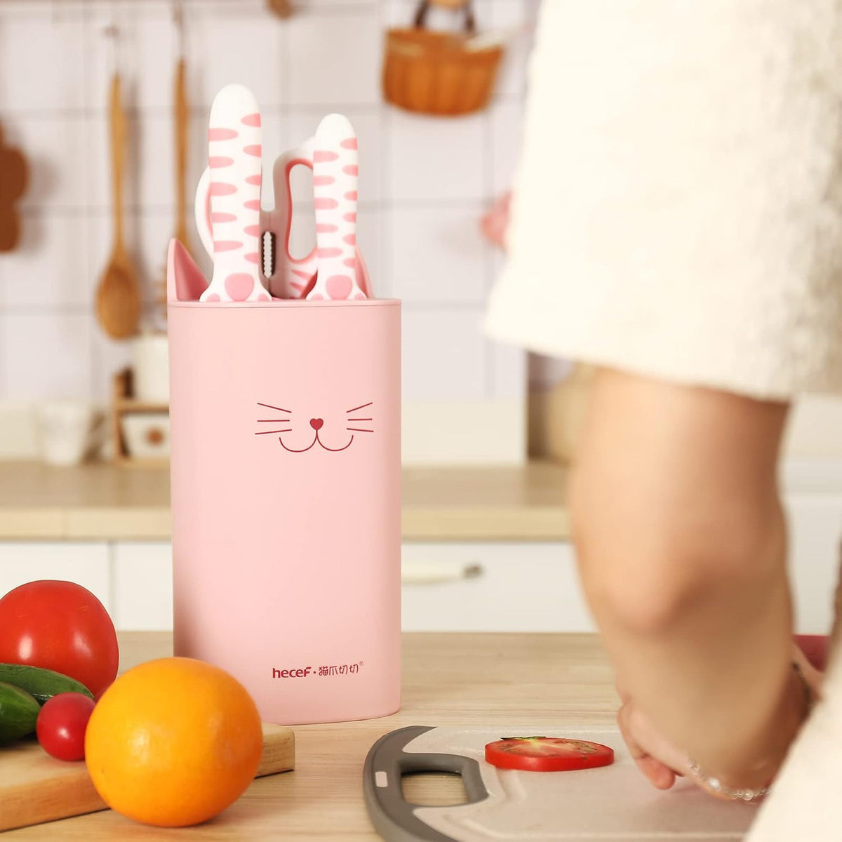 Cute Kitchen Knife Set, Dishwasher Safe, 5-piece Non-Stcik Knives Set with Detachable Block and Scissors,Sharp for Chopping, Slicing, Dicing and Cutting (Pink)