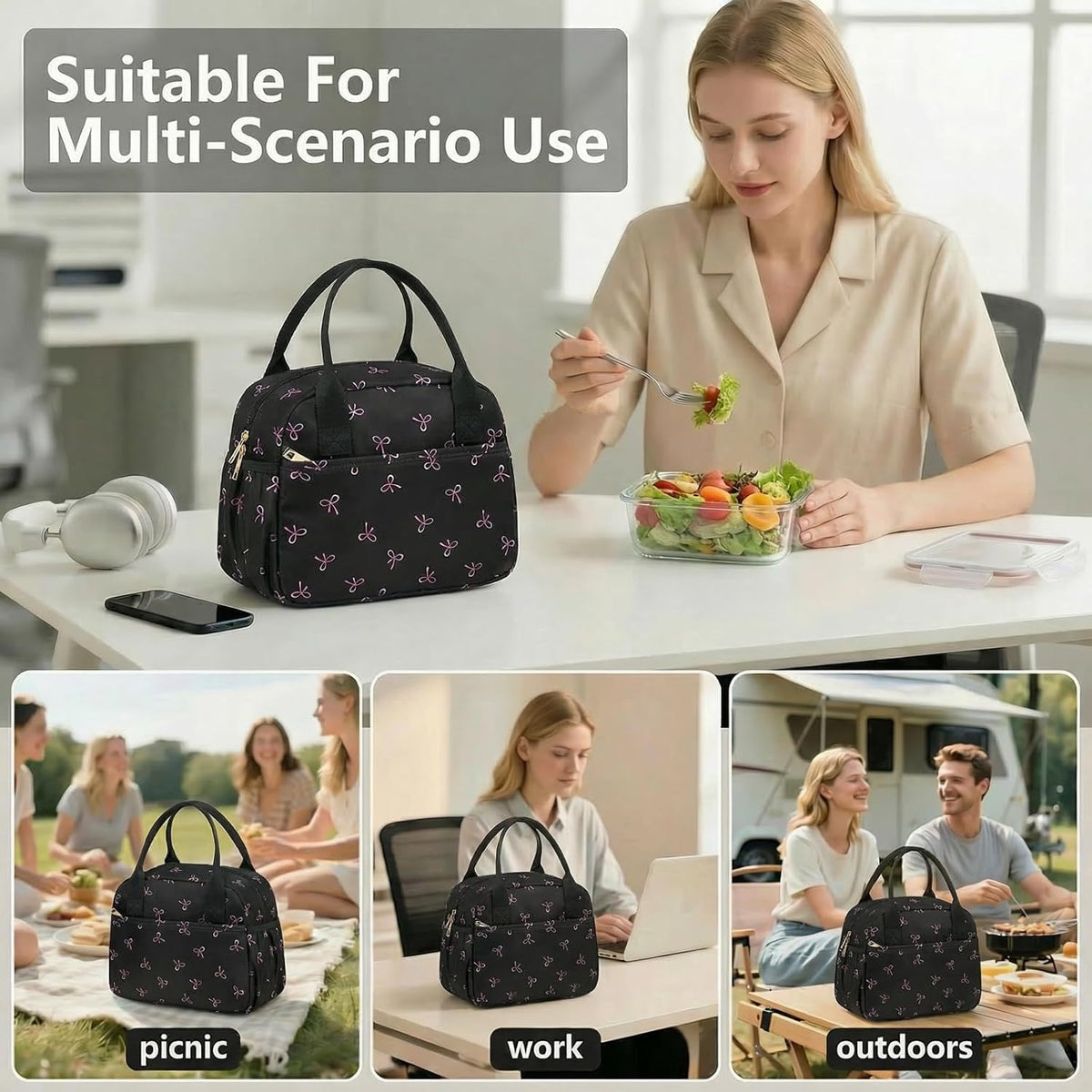 Lunch Box for Women Men Insulated Lunch Bag Lunch Tote Bag Leakproof Thermal Cooler Large Capacity for Travel Work School Picnic (Black Pink Bow)