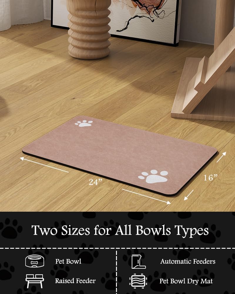 Pet Feeding Mat-Absorbent Dog Mat for Food and Water Bowl-No Stains Quick Dry Water Dispenser Mat-Dog Accessories Pet Supplies-Bowl for Messy Drinkers(Dusty Pink,16"x24"