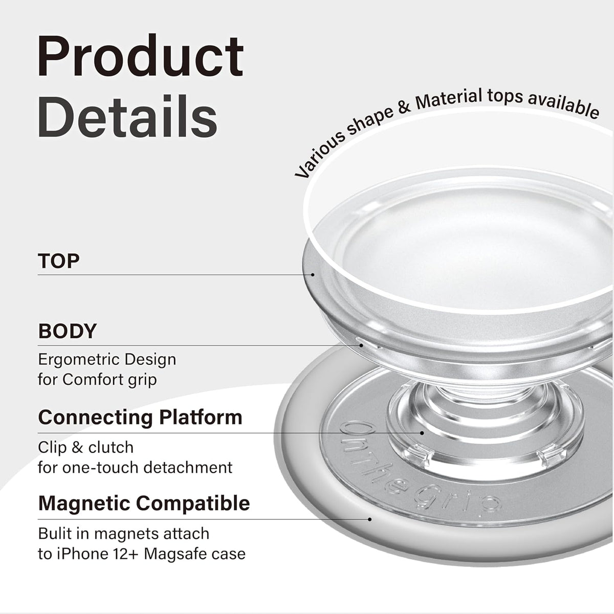 On The Grip Magnetic Phone Grip for MagSafe, Genuine Natural Crystal & Seashell Stone, Swappable Top, Strong Magnet Holder & Kickstand for iPhone 15 14 13 12 Pro Max Plus & MagSafe Cases (Peach)