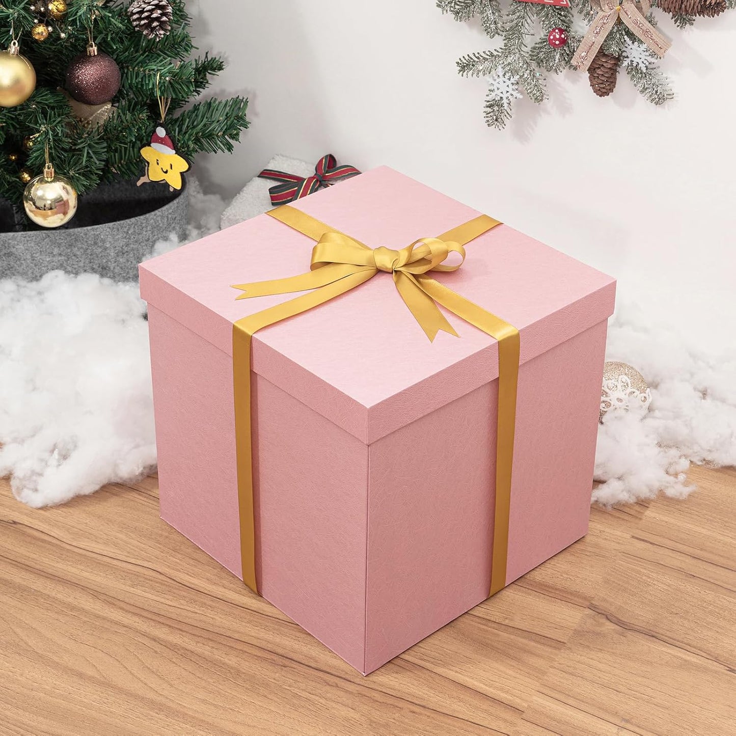 Large Gift Box with Lid for Presents 12x12x12 Inches Extra Big Deep Square Pink Boxes 1 Pack for Christmas, Birthday, Valentine's Day, Mother's Day - Contains Crinkle Paper, Ribbon and Card