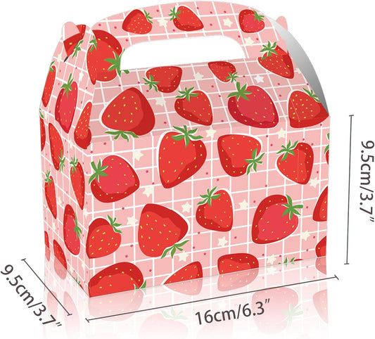 12 pcs Strawberry Treat Boxes, 4 Designs Summer Strawberry Gift Boxes with Handles, Pink Cute Party Favor Boxes for Candy Cookies Gifts, Baby Shower, Wedding, Birthday Party Decorations Supplies