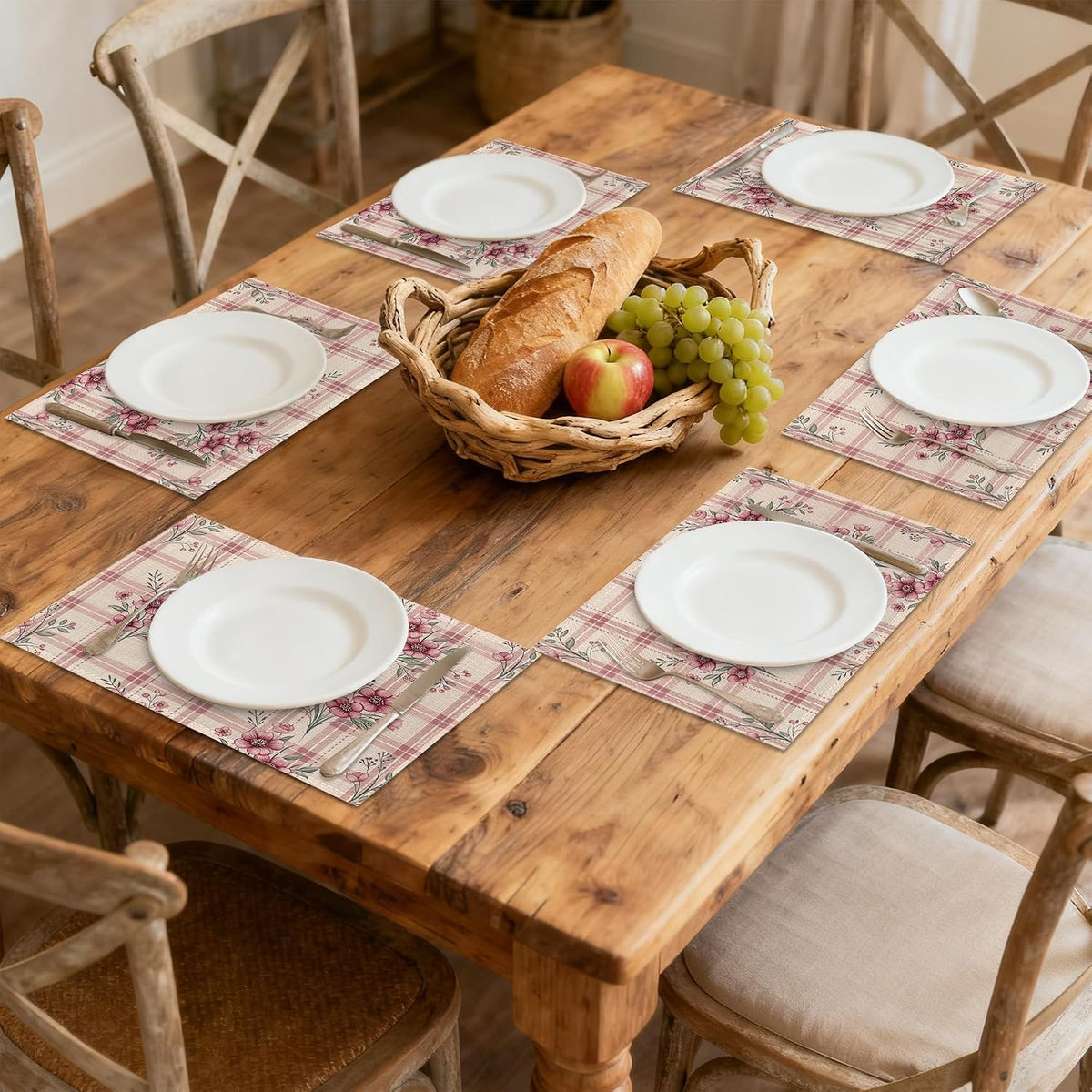 Placemats Set of 6, Cute Flowers Pink Linen Placemats 12x18 Inch, Heat Resistant Table Mats, Washable Non Slip Place Mats for Dining Table Kitchen Home