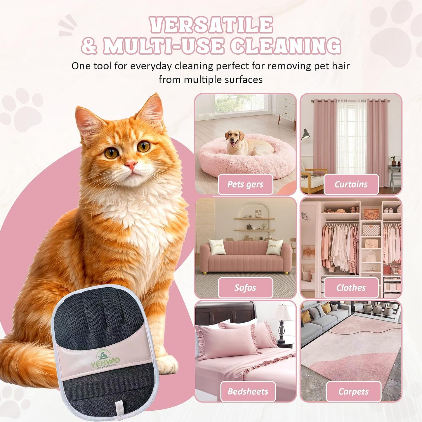 Pet Hair Remover Glove for Dogs & Cats – Reusable Electrostatic Pet Fur Removal Mitt for Couch, Carpet, Clothing & Furniture | Elastic Strap & Hanging Loop (1 Pack) (Pink)