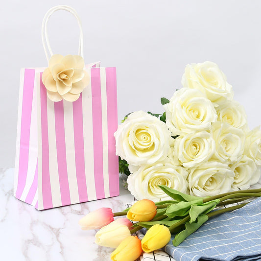 Small Gift Bags with Handles,50pcs Kraft Paper Bags Bulk,Pink Strips | 5.25x3x8 Inches,120GSM,Thick,Durable,Recyclabe Bags for Party Favor,Valentine,Birthday,Wedding,Goodie,Retail,Holiday Candy