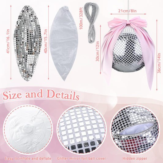 3 Set Pink Disco Party Decorations Disco Ball Hanging Ornaments Include 3 Inflatable Ball Cover and Inner 3 Pink Bow Foldable Mirror Decor for Wedding Birthday Baby Shower Bachelorette