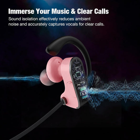 JOYWISE Bluetooth Headphones, Wireless Headphones 16H Playtime with Mic Stereo in-Ear Earphones, IPX7 Waterproof Sports Ear Buds Sound Isolation Headsets for Running, Workout Pink