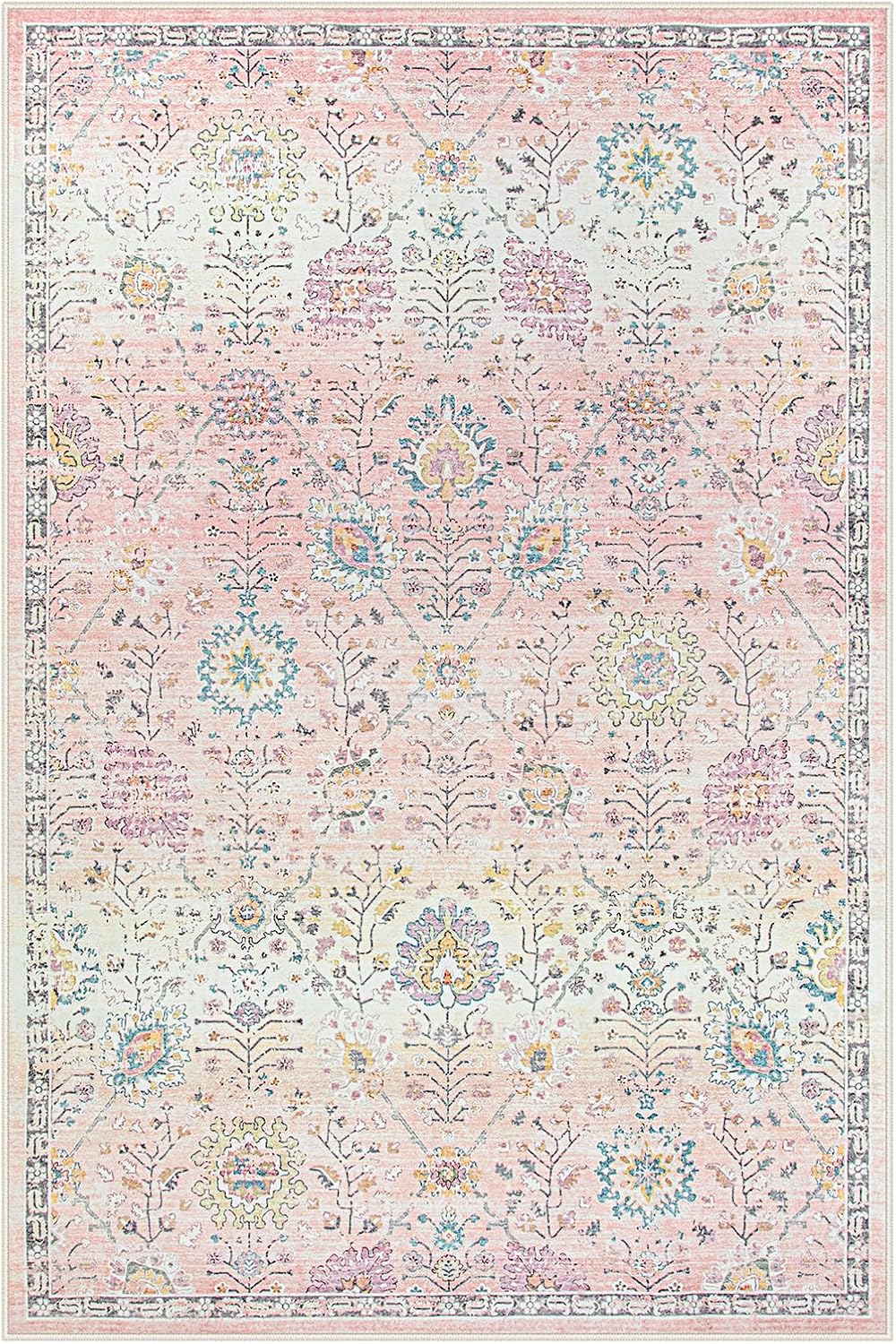 Girls Bedroom Pink Rug 6x9, Soft Washable Floral Area Rug, Non Slip Light Pink Carpet for Dorm Room, Playroom, Kids Room, Nursery and Classroom Decor