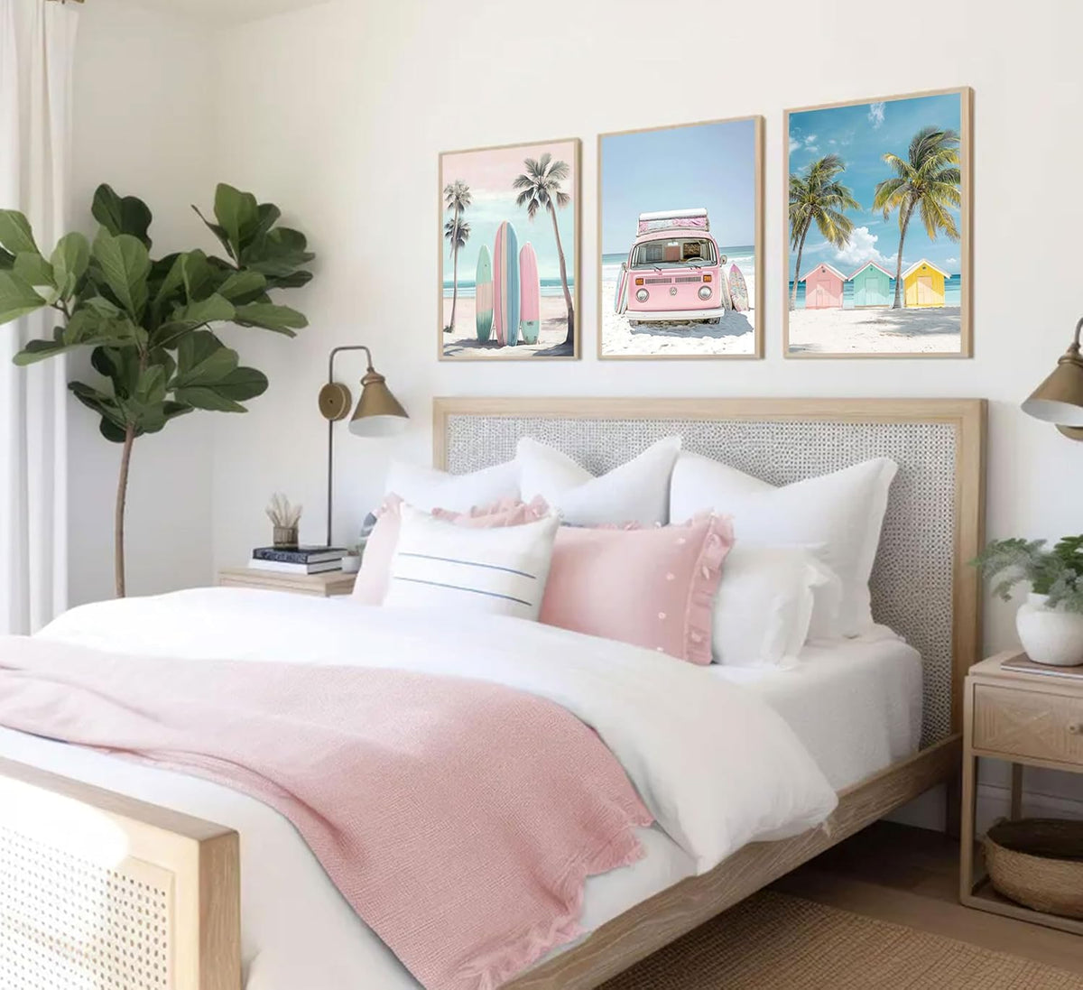 3Pcs Pink Beach Wall Art Tropical Teen Girl Coastal Canvas Poster Print Surfboard Palm Picture Wall Decor for Beach Room Bathroom Living Room Bedroom 12x16in Unframed