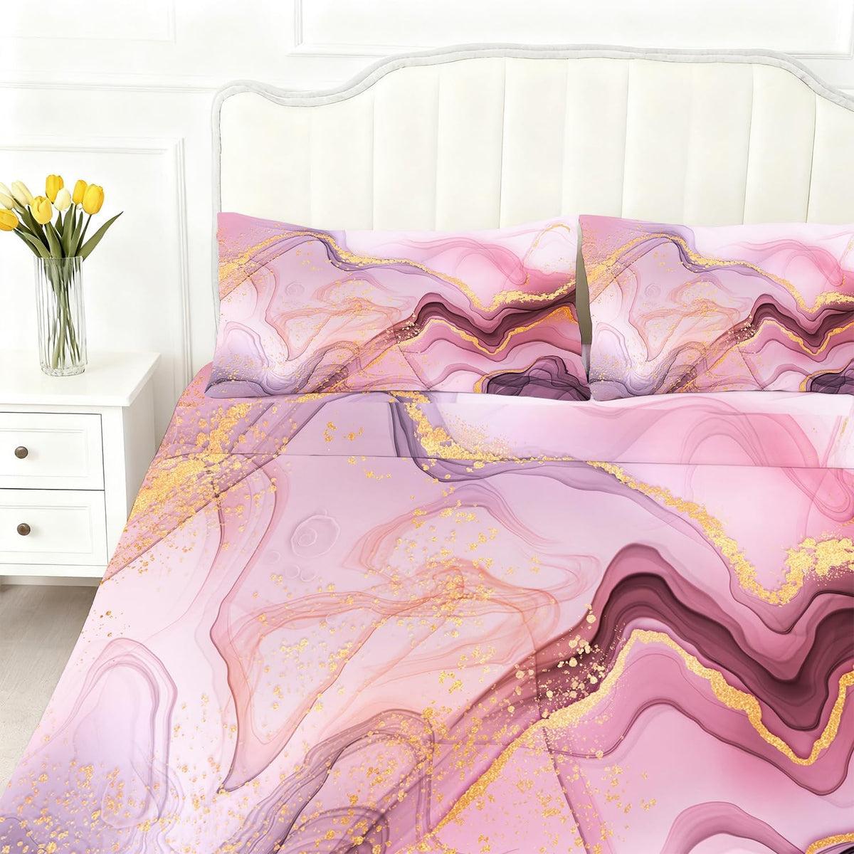 Pink Marble Sheets Set Full for Girls Elegant Pink and Gold Bedding Set with Deep Pocket Abstract Bed Set with 1 Fitted Sheet 1 Flat Sheet and 2 Pillowcases