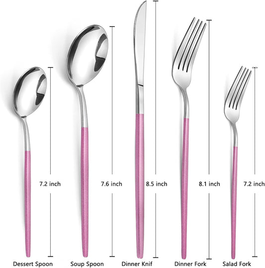 20-Piece Silverware Set With Pink Handle, Stainless Steel Cutlery Set Service for 4,Kitchen Utensils Set Included Knife Spoon and Fork Set- Mirror Polished & Dishwasher Safe