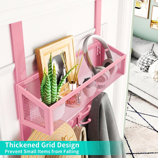 Over The Door Hooks - Easy Installation Pink Door Hanger with Basket and 16 Hooks, 304 Stainless Steel Storage Organizer for Towels, Coats, Bathroom, Kitchen, Dorm-Pink