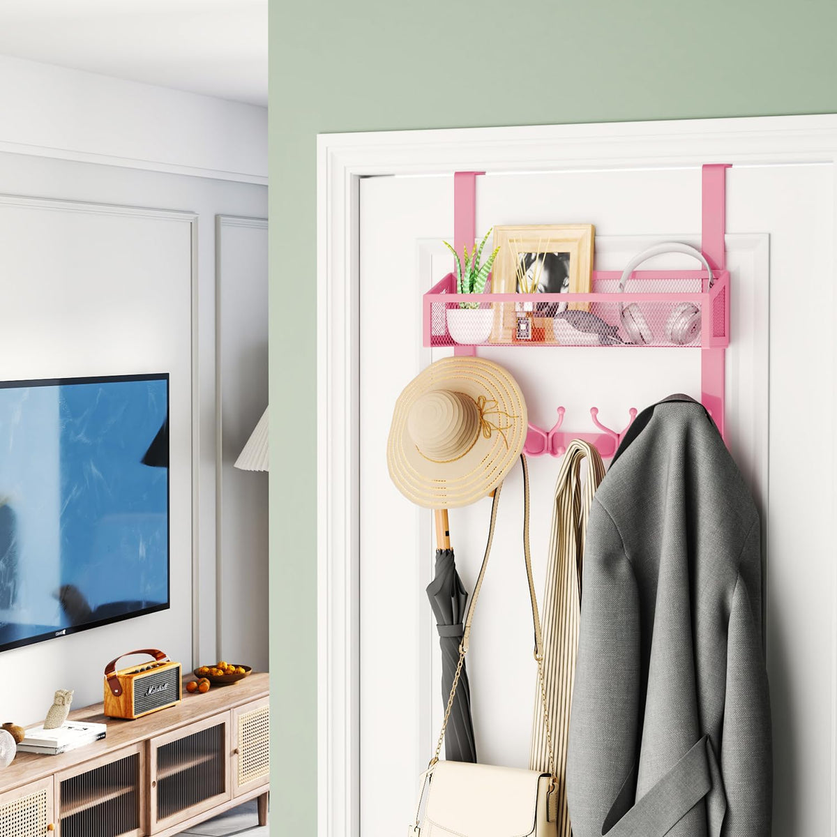 Over The Door Hooks - Easy Installation Pink Door Hanger with Basket and 16 Hooks, 304 Stainless Steel Storage Organizer for Towels, Coats, Bathroom, Kitchen, Dorm-Pink