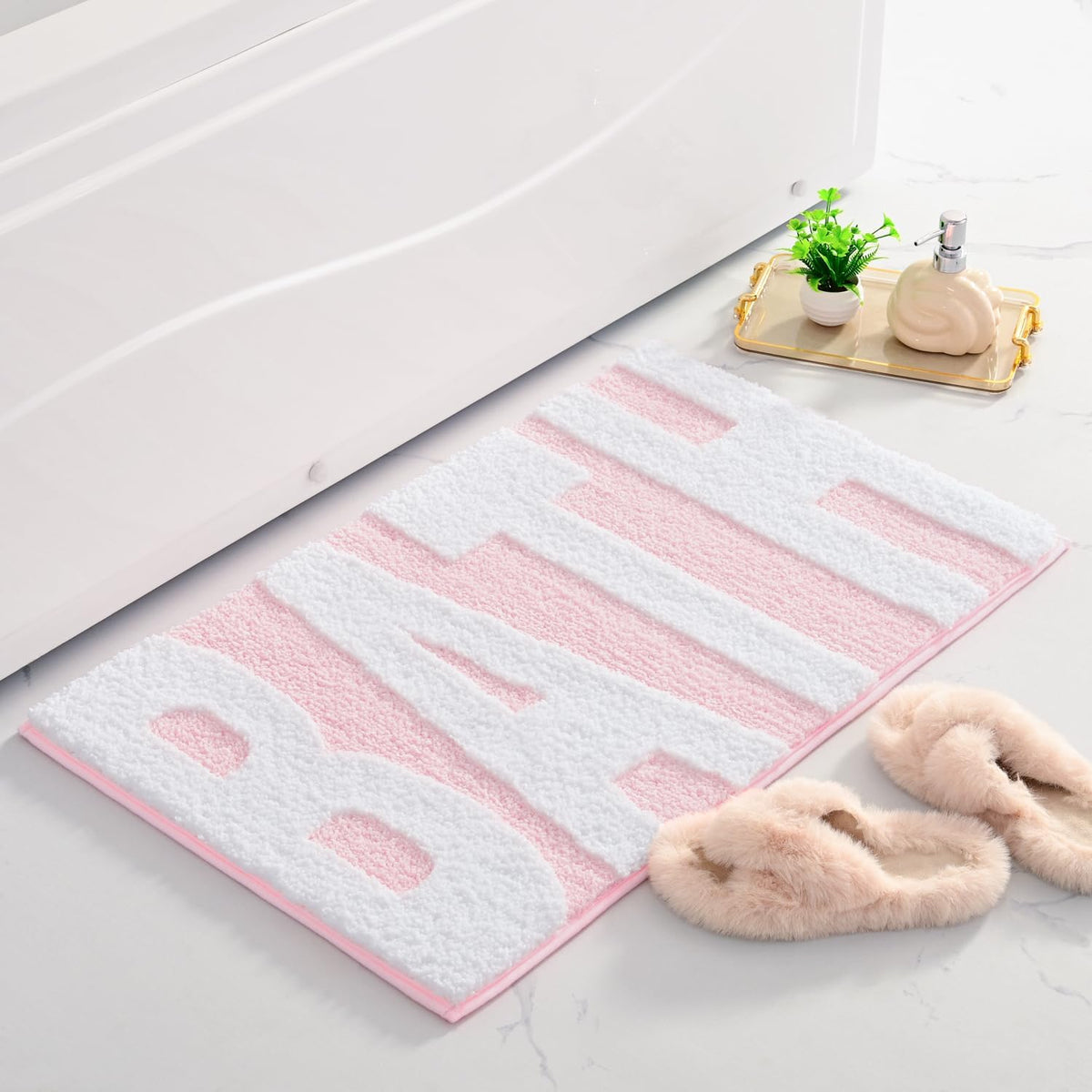 Pink and White Bathroom Rugs, Bath Letters Non Slip Bathroom Mat, Soft Absorbent Cute Bath Mat, Machine Washable Quickly Dry Comfortable Bathmat for Bathtub, Bedroom, Shower, Living Room (16 x 24 in)