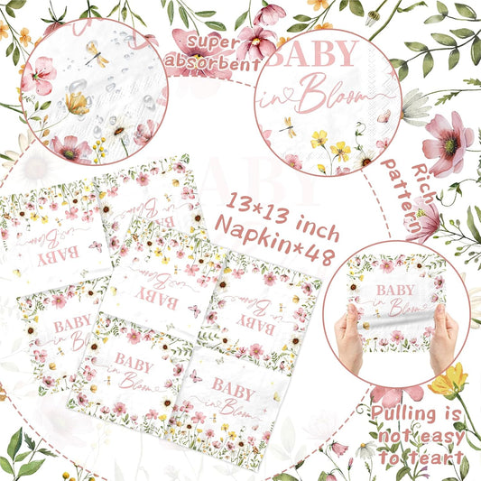 Baby in Bloom Baby Shower Napkins - 48pcs Wildflower Themed Baby Shower decorations Baby in Bloom Napkins for Wildflower BabyShower Decorations Party Supplies,13x13 inches (Pink)