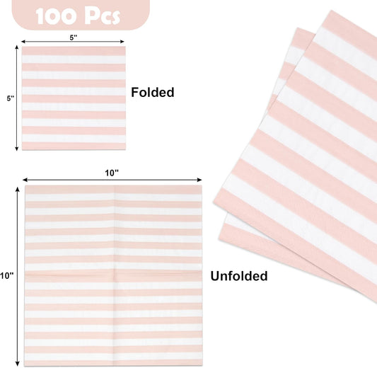 Pink Striped Cocktail Napkins Blush Pink and White Beverage Napkins 100 Count Disposable 3 Ply Baby Shower Party Bar Table Decor