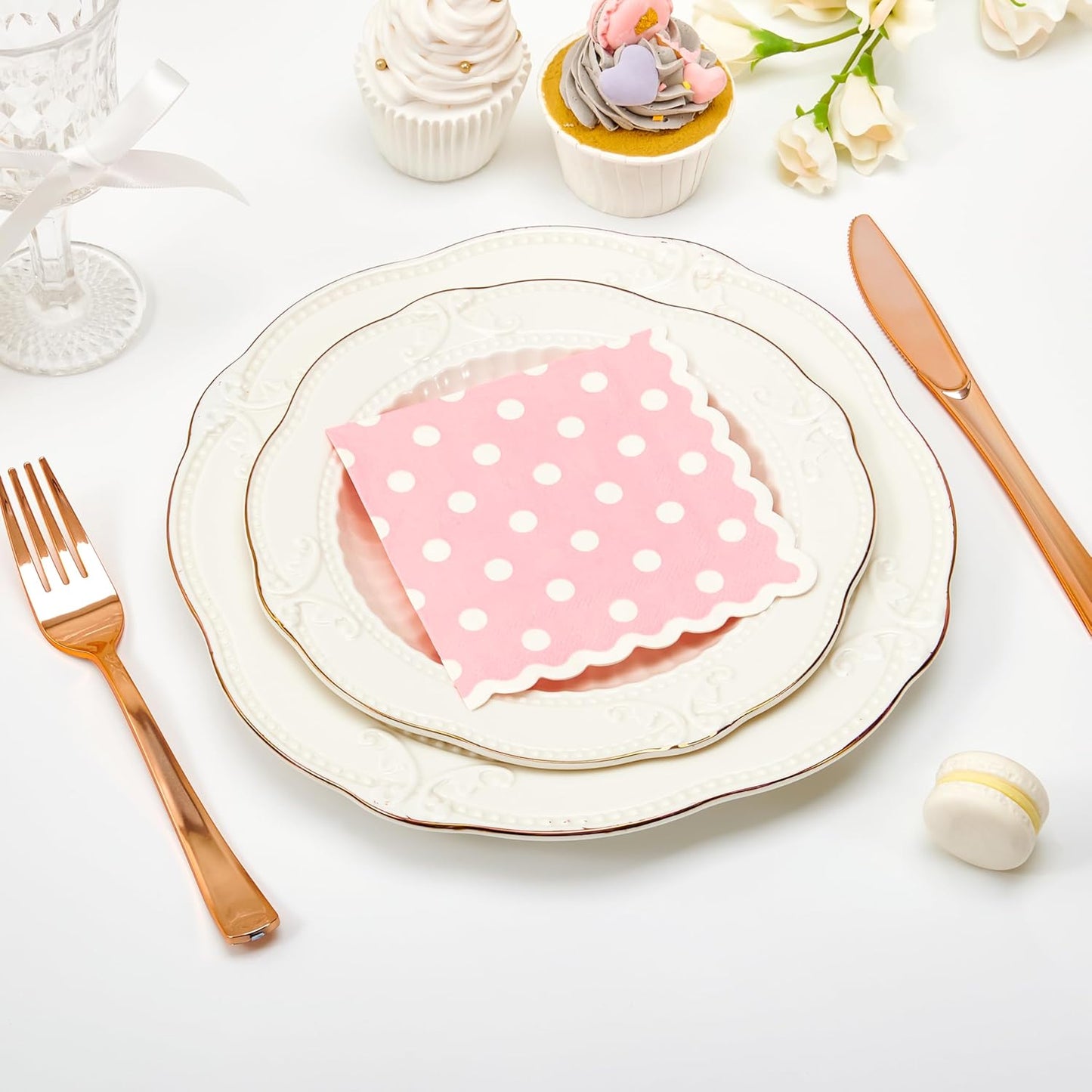 Crisky 3 Ply 100 Pcs Wavy Scalloped Pink Cocktail Napkins Paper, Disposable Party Napkins for Wedding, Bridal, Baby Shower, Birthday, Tea Party Supplies (5x5")