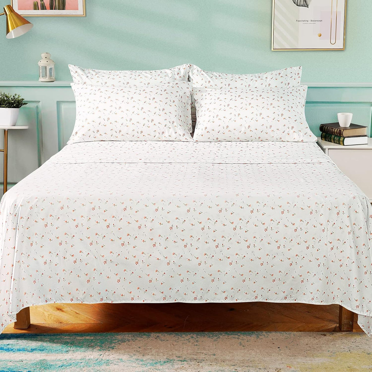 6 Piece Printed Full Size Bed Sheets, Extra Soft Brushed Microfiber 1800 Bedding Pattern Sheets, Deep Pocket, Wrinkle & Fade Free, Pink Floral