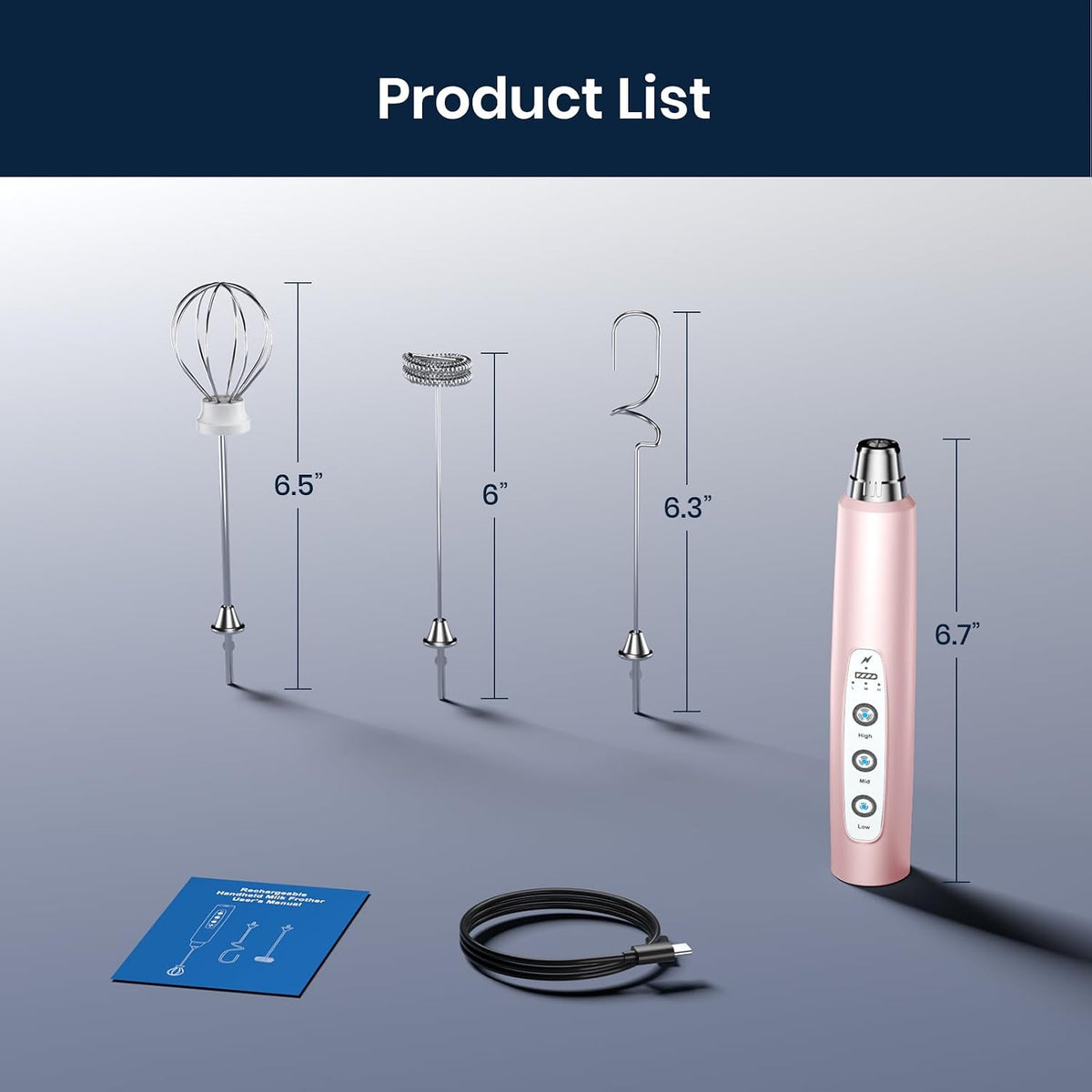 Milk Frother Wand Rechargeable Handheld Electric Whisk 3 Speed Adjustable