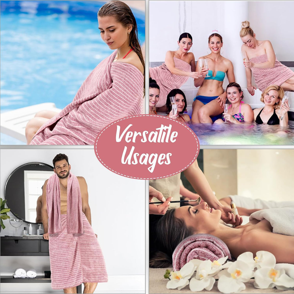 16 Pack Microfiber Bath Towels Bulk,Pink,Pinstripe