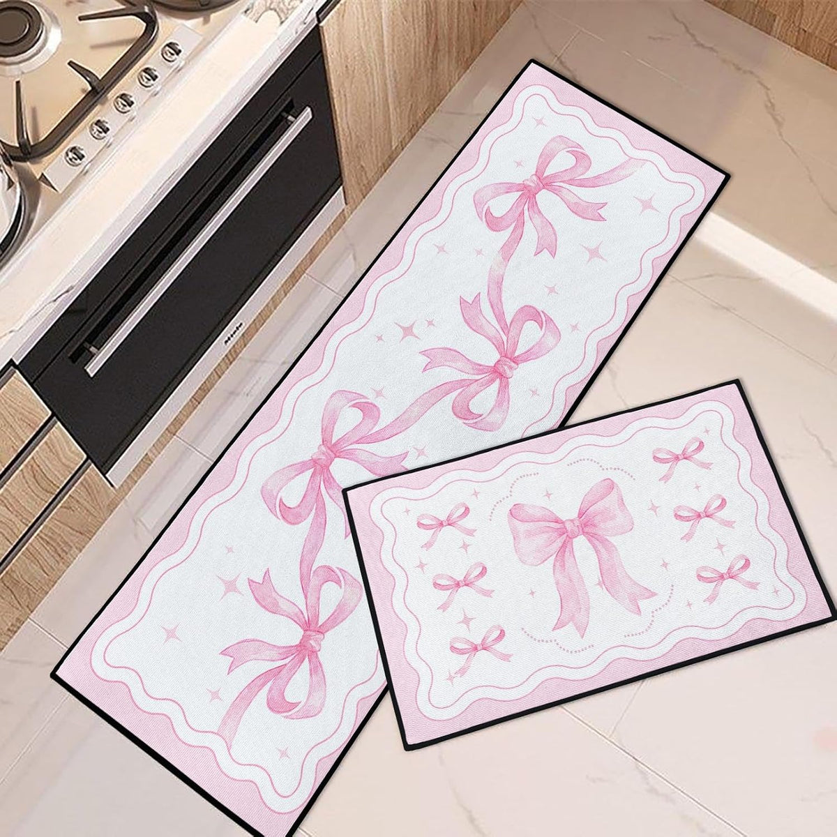 Kitchen Rugs Set of 2 Non Slip WashableCoquette Bow