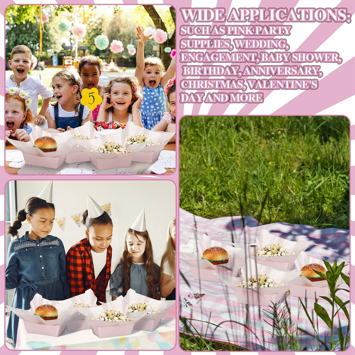 100 Pcs Gingham Paper Food Tray with Wax Paper,Light Pink