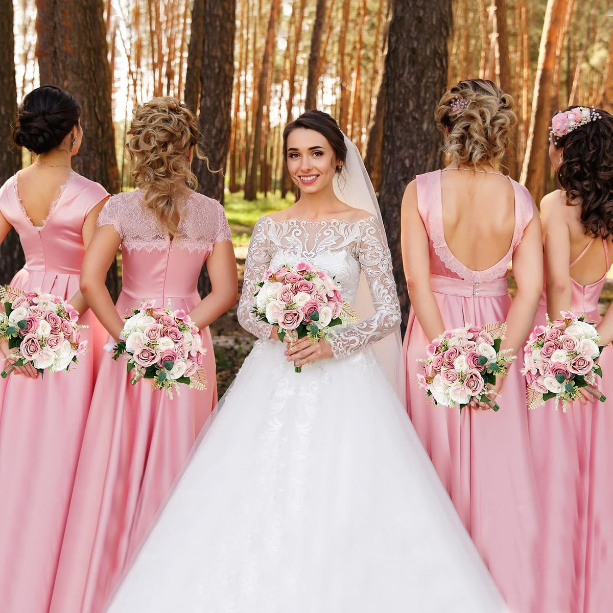 Set of 6 Bridesmaid Bouquets for Wedding - 7 Inch Artificial Ivory Flower Bouquet for Party Ceremony Anniversary Dinning Table Centerpieces Decor - Dusty Pink & White